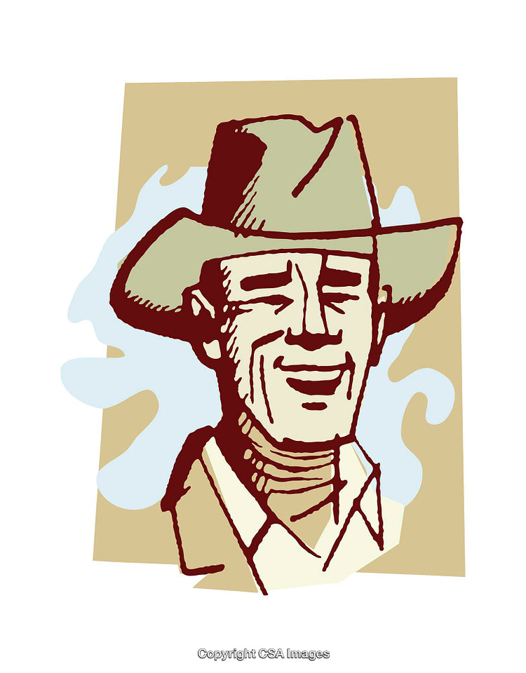 Colorful Illustration of a Smiling Cowboy in Traditional Hat and Attire