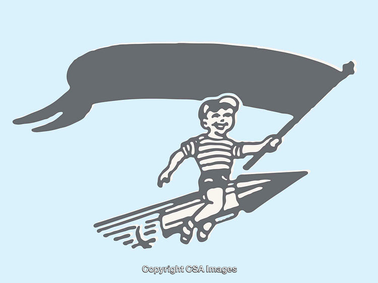 Vintage Style Illustration of a Boy Riding a Rocket in the Sky