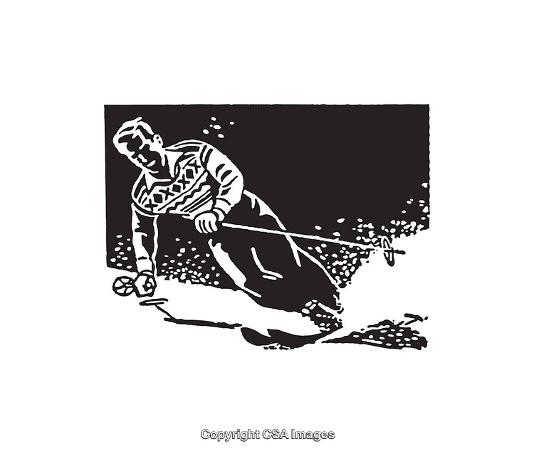 Vintage Line Art Illustration of a Skier Carving Down a Slope