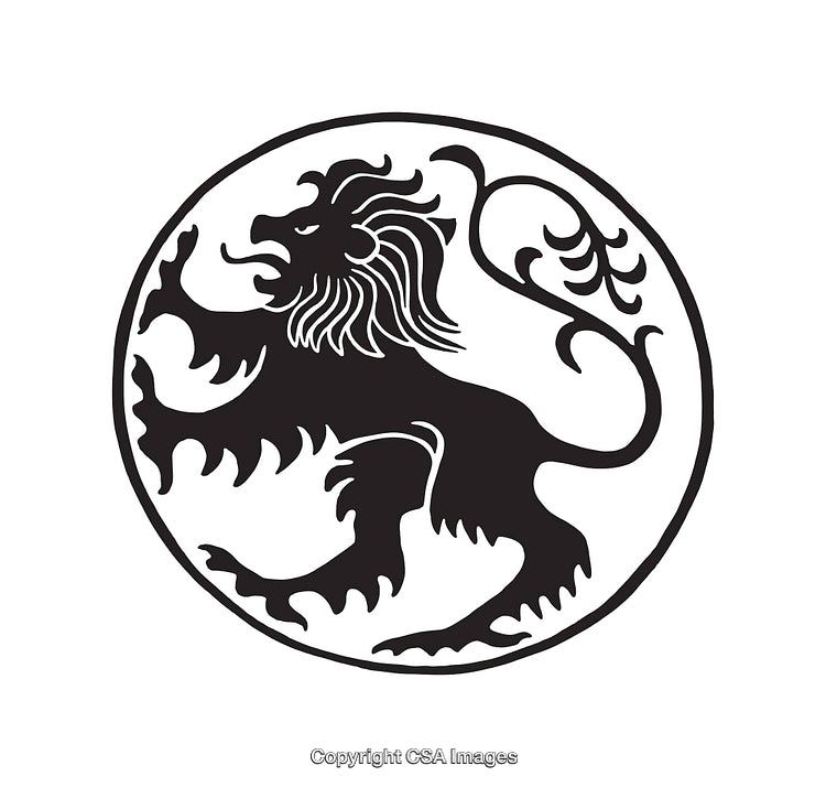 Classic Lion Heraldic Emblem in Monochrome Line Art Style within Circular Frame