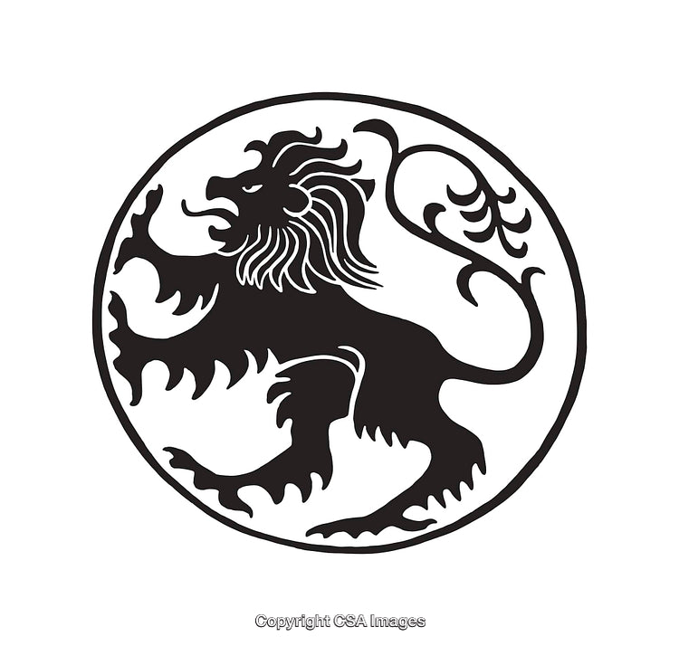Classic Lion Heraldic Emblem in Monochrome Line Art Style within Circular Frame