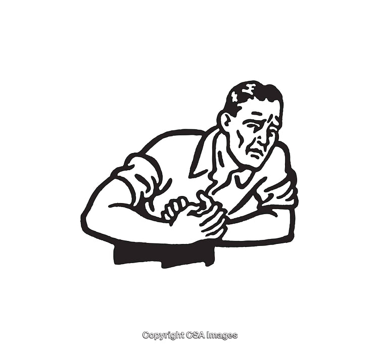 Black and White Illustration of a Man Holding His Chest in Discomfort