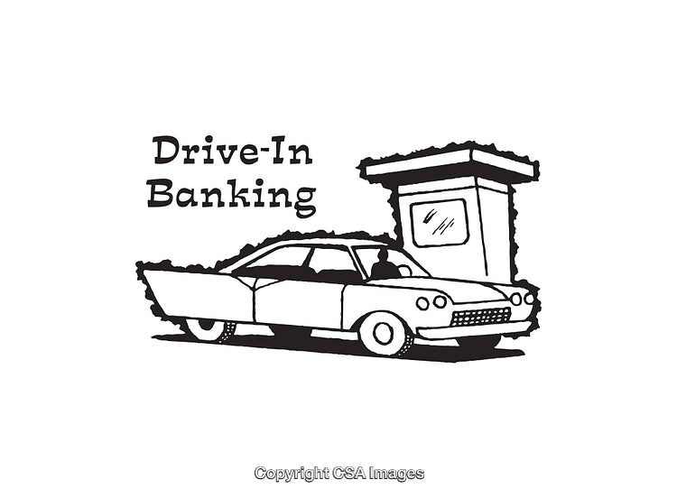Classic Drive-In Banking Illustration of a Car at a Teller Window