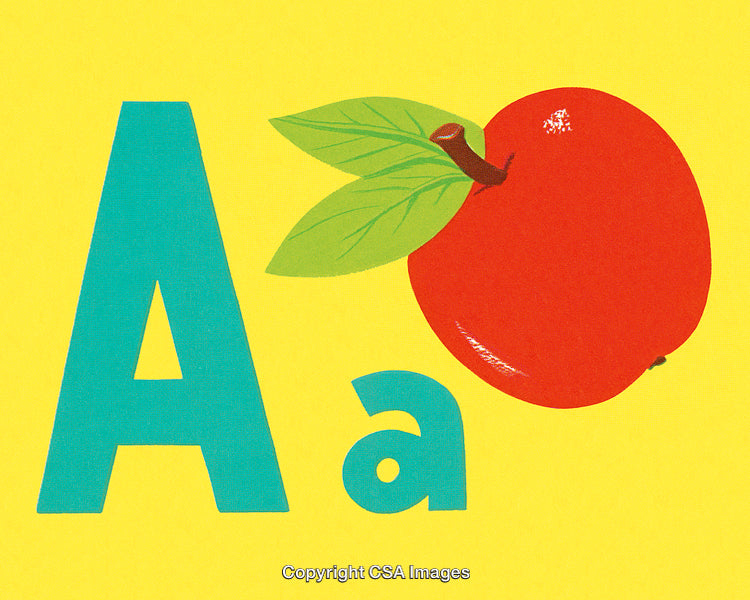 Alphabet Letter A with Red Apple Illustration on Yellow Background