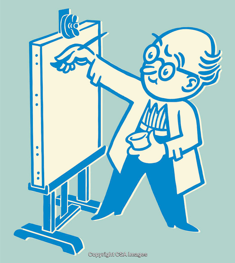 Color Illustration of a Painter Working on an Easel with Brushes and Paints