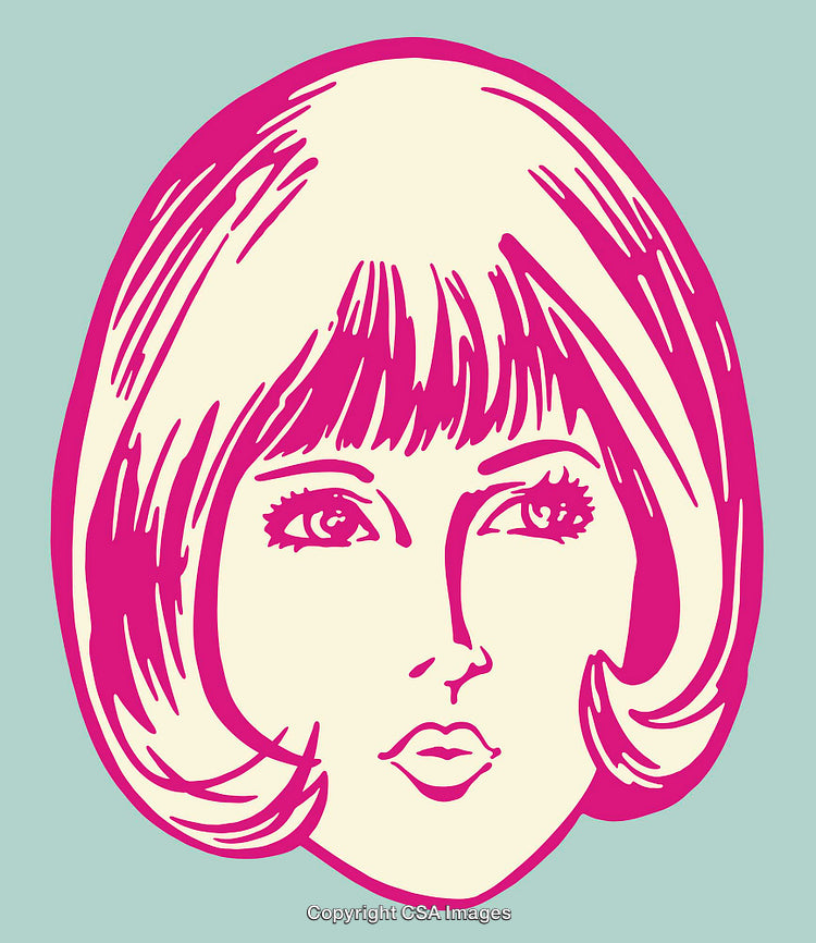Stylized Pop Art Illustration of Woman With Retro Haircut in Pink and Blue