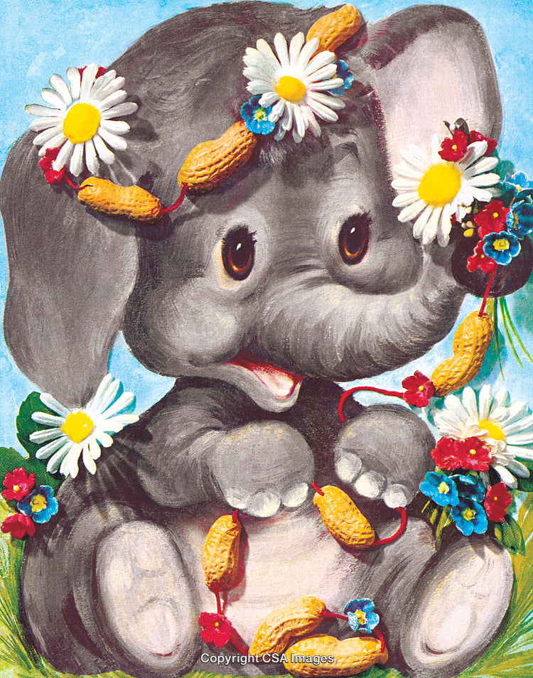 Cute Cartoon Elephant Adorned With Flowers and Peanuts in Playful Setting