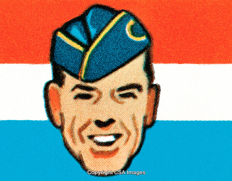 Retro Illustration of Smiling Man in Uniform with a Patriotic Background