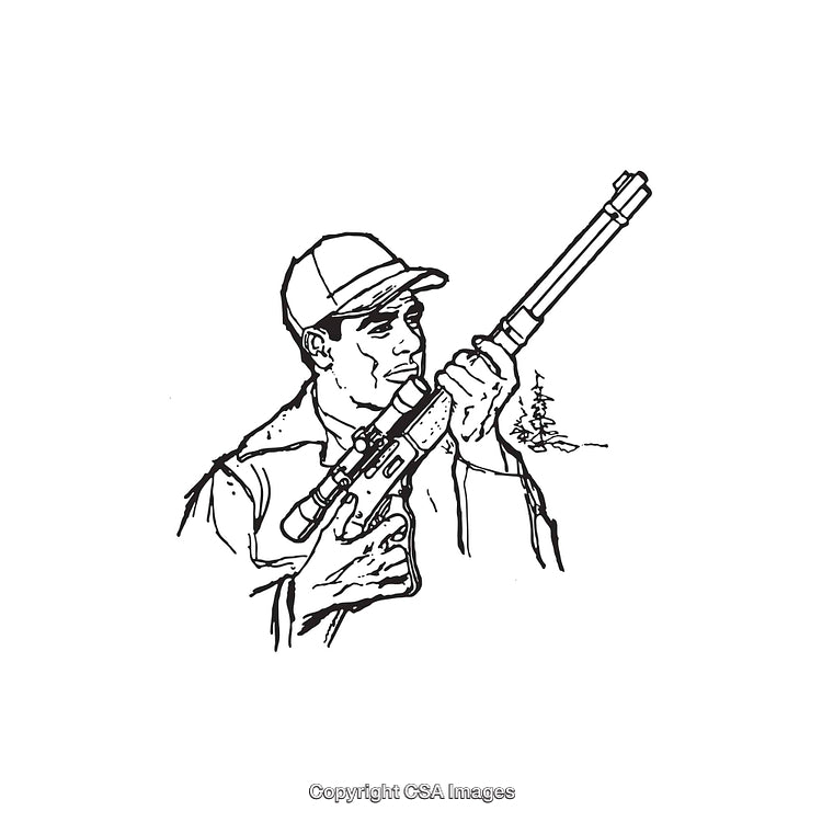 Black and White Illustration of a Person Holding a Hunting Rifle Outdoors