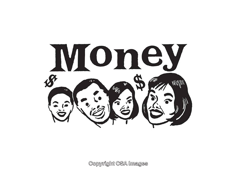 Black and White Illustration Featuring Conceptual Faces and Money Symbols