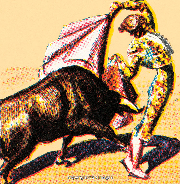 Traditional Bullfighting Scene Depicting Matador and Bull in Colorful Arena Setting