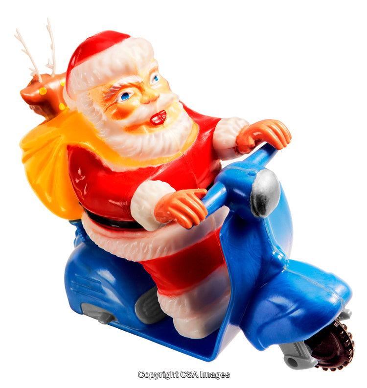 Santa Claus Riding a Blue Scooter Figurine with Festive Accents