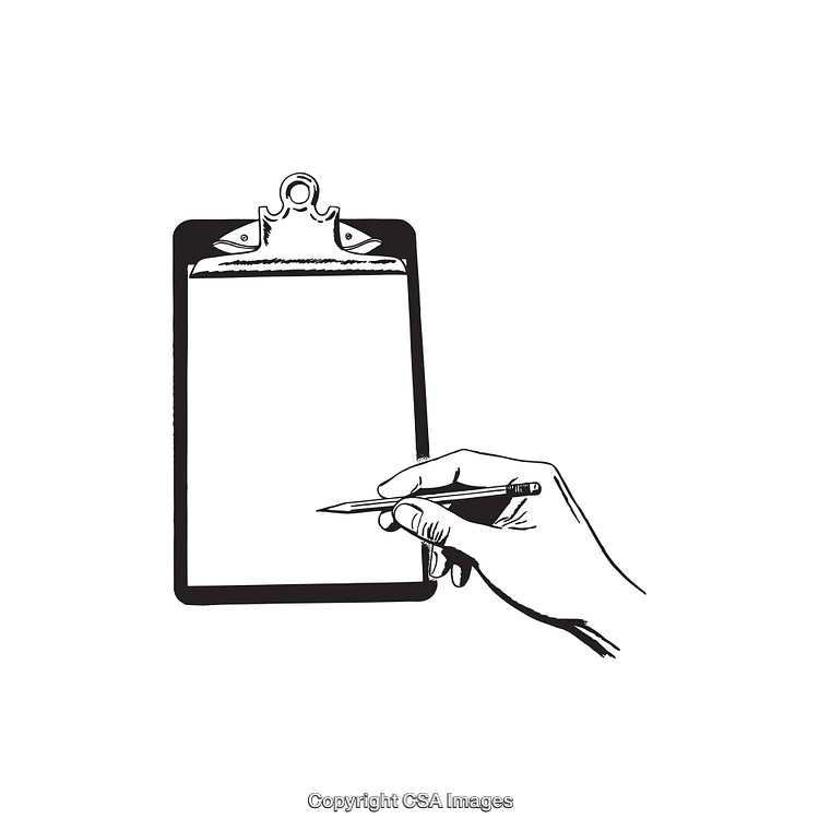 Black and White Illustration of Hand Writing on Clipboard