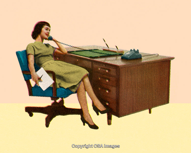 Retro Secretary Speaking on Phone at Mid-Century Office Desk