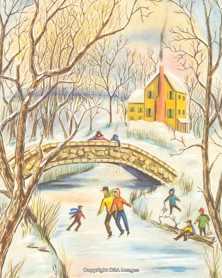 Winter Scene with Ice Skating and a Rustic Stone Bridge