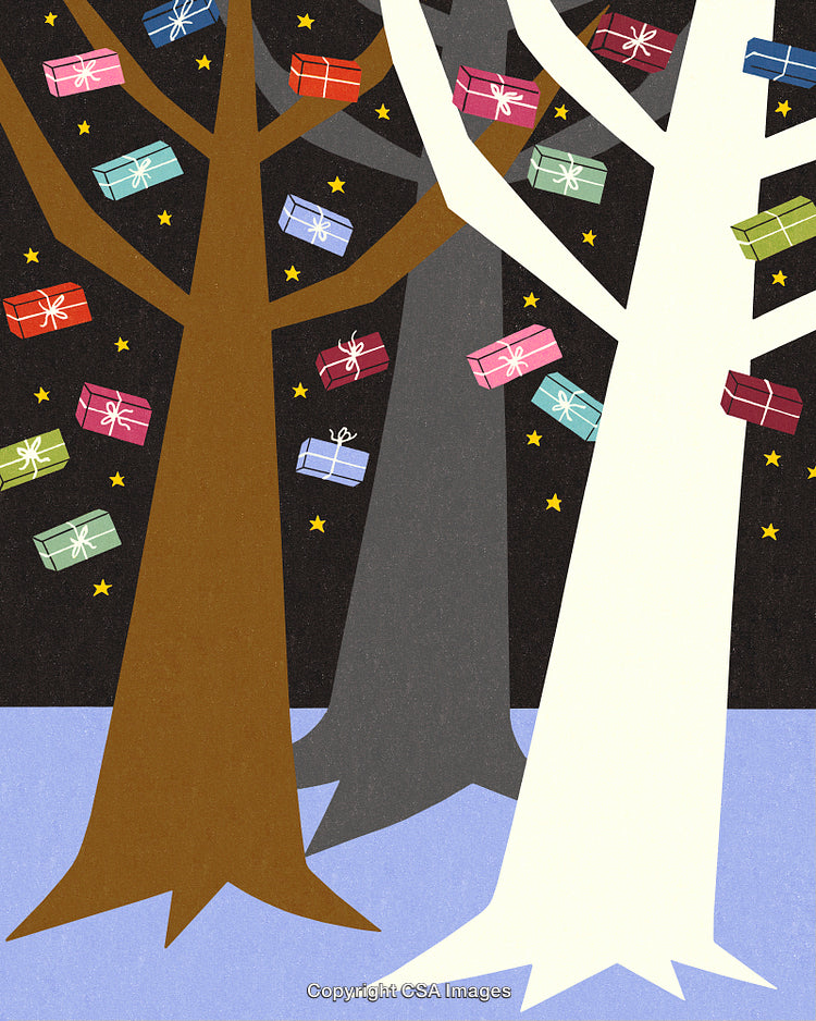 Whimsical Winter Scene with Gifts and Stars Hanging on Tree Branches