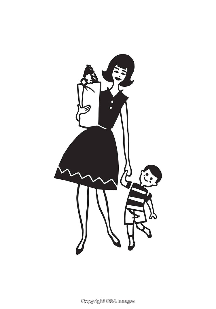 Black and White Line Art Illustration of a Mother Holding Her Child's Hand