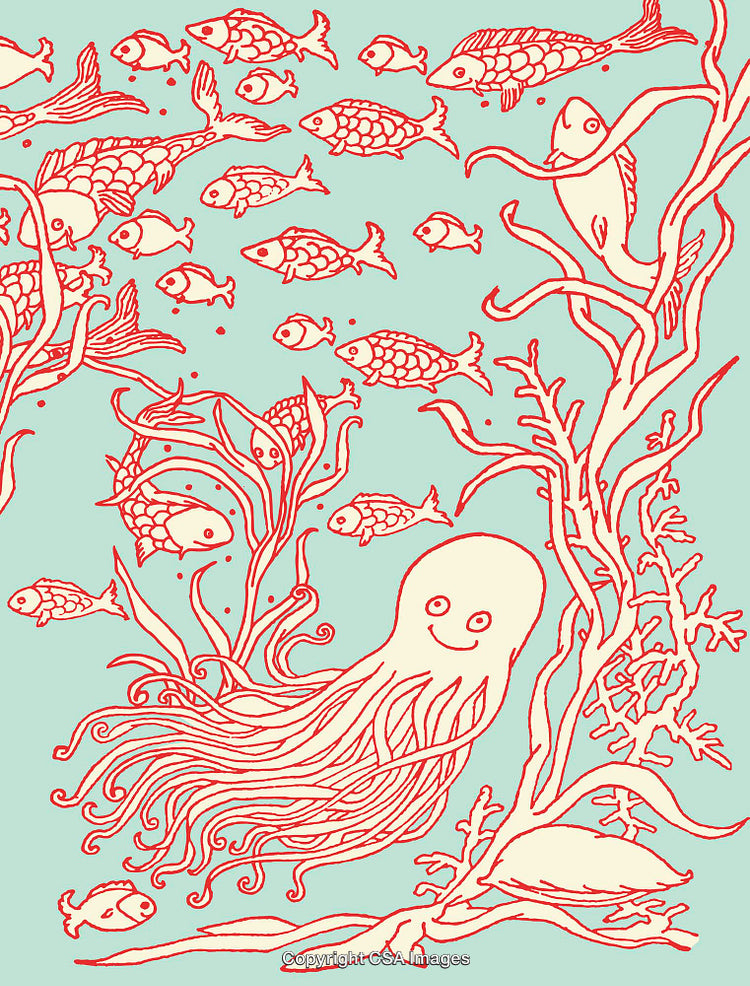 Whimsical Underwater Scene Featuring Smiling Octopus and Fish Line Art