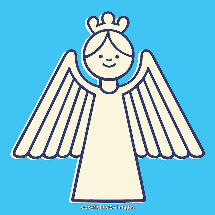 Line Art Illustration of a Smiling Angel with Wings on Blue Background