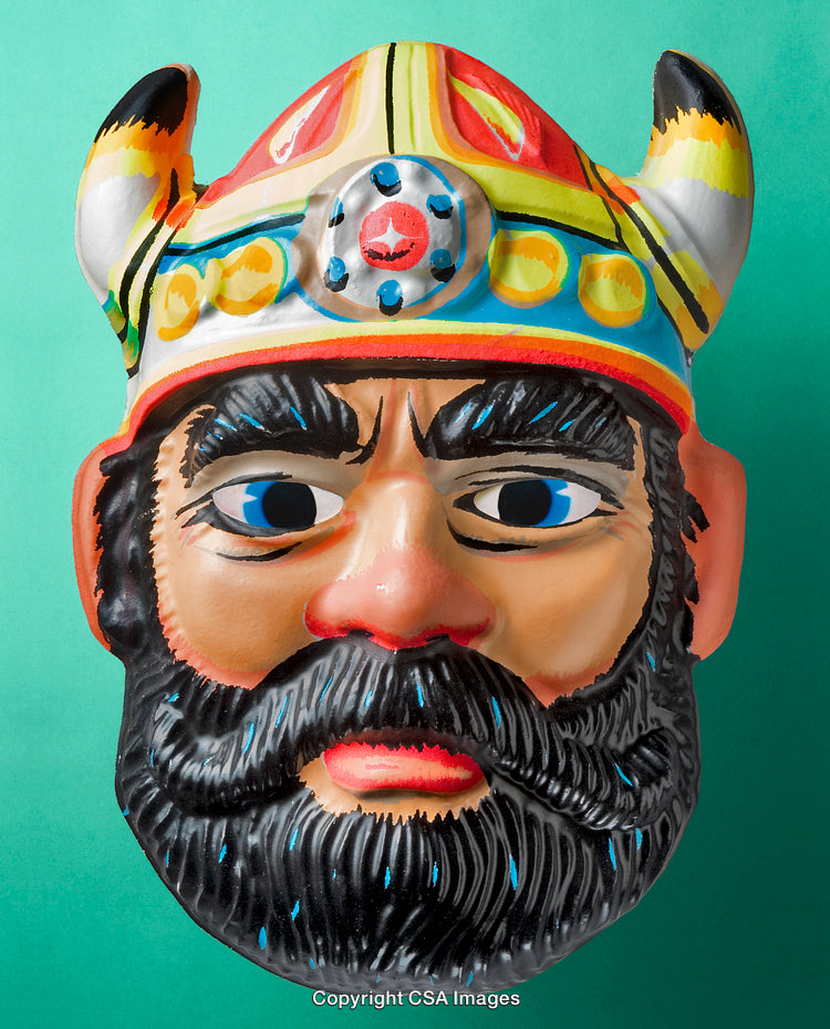 Colorful Viking Helmet Mask with Beard on Turquoise Background