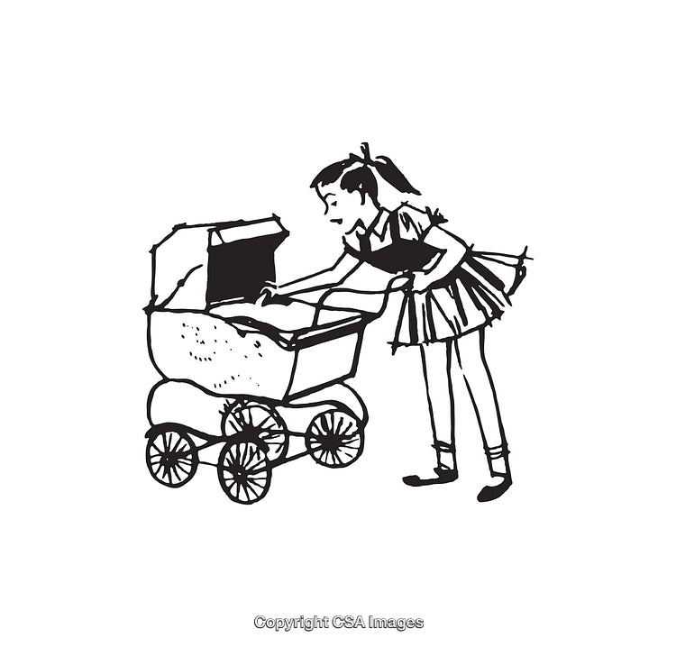 Black and White Line Art of Girl with Baby Stroller