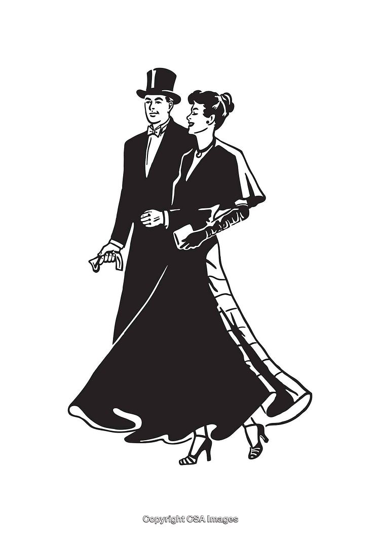 Elegant Couple in Vintage Formal Attire Walking Together