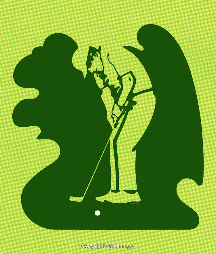 Silhouette of a Golfer Putting on a Decorative Green Background