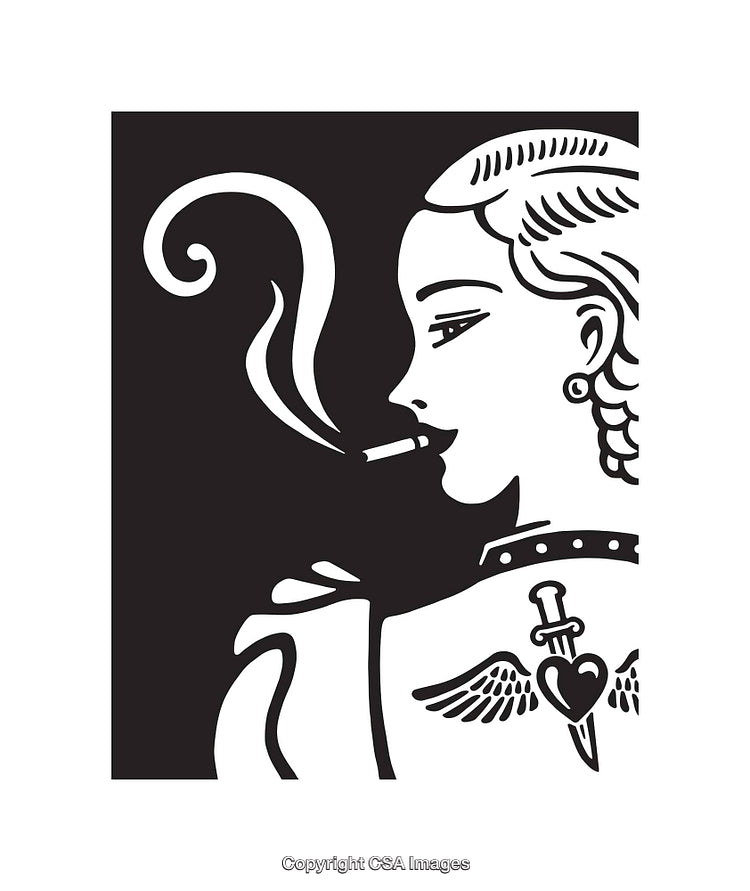 Black and White Line Art of Woman with Smoking Cigarette