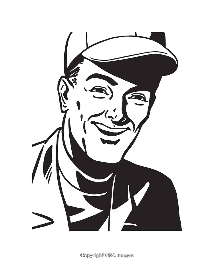 Retro Black and White Line Art of Smiling Man in Cap