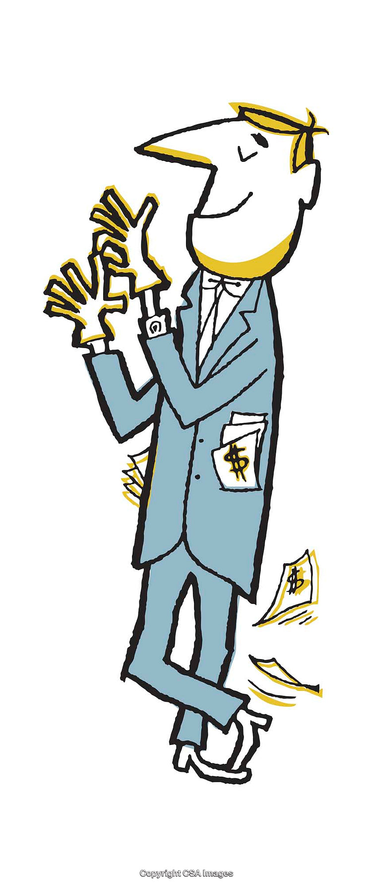 Cheerful Businessperson Celebrates with Wealth Symbols and Joyful Illustration Style