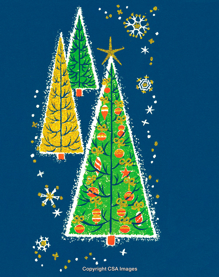 Festive Christmas Tree Illustration with Decorations and Snowflakes on Blue Background