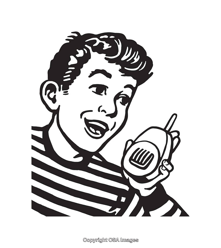 Vintage Black and White Illustration of a Boy Using a Walkie-Talkie