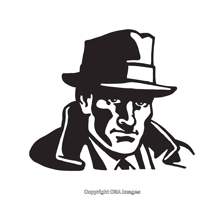 Black and White Line Art Illustration of a Detective with Hat and Coat