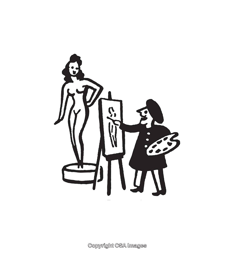 Line Art of an Artist Painting a Nude Model on Canvas