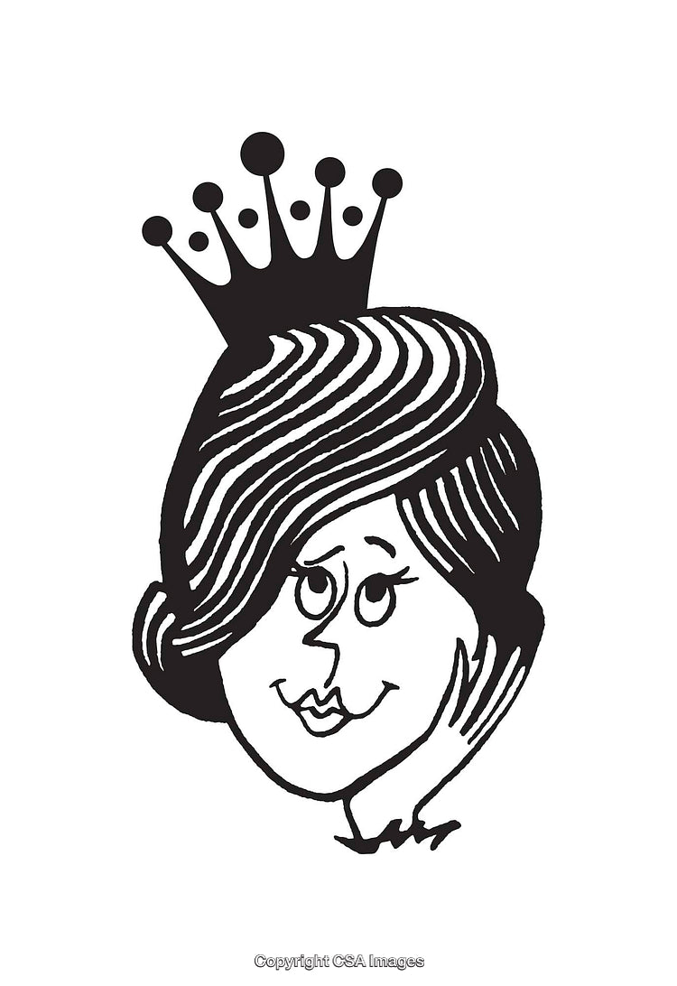 Black and White Line Art of a Crowned Smiling Woman Illustration