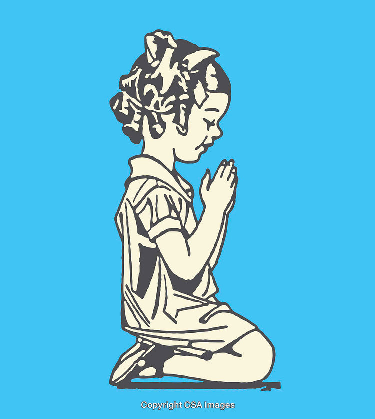 Illustrated Girl Kneeling in Prayer with Calm Expressions on Blue Background