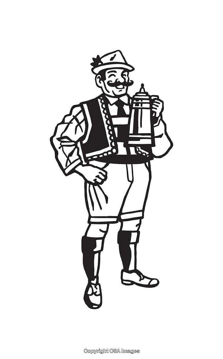 Traditional Bavarian Man Holding Beer Mug in Line Art Style