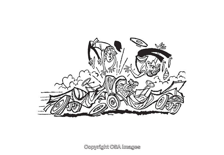 Humorous Line Art of a Chaotic Car Collision with Comedic Characters