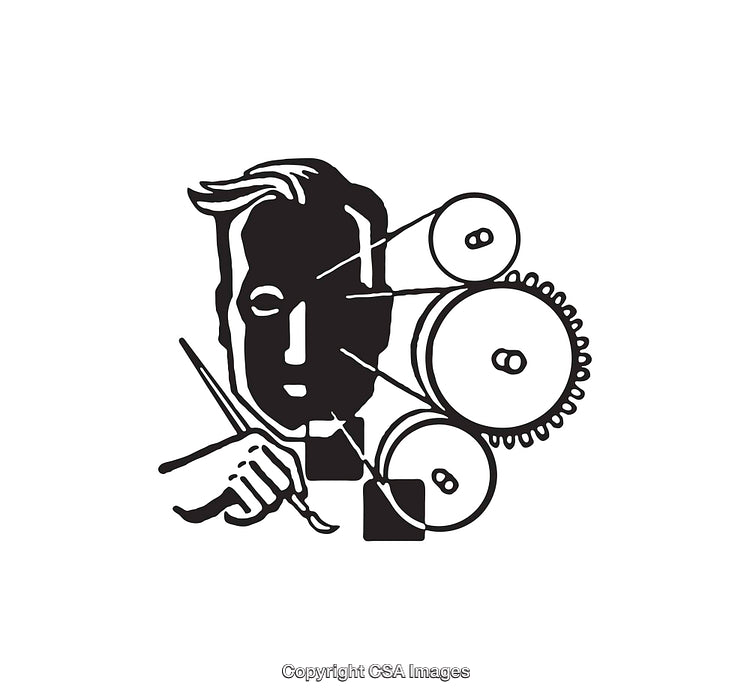 Abstract Black-and-White Line Art Combining Face and Mechanical Gears