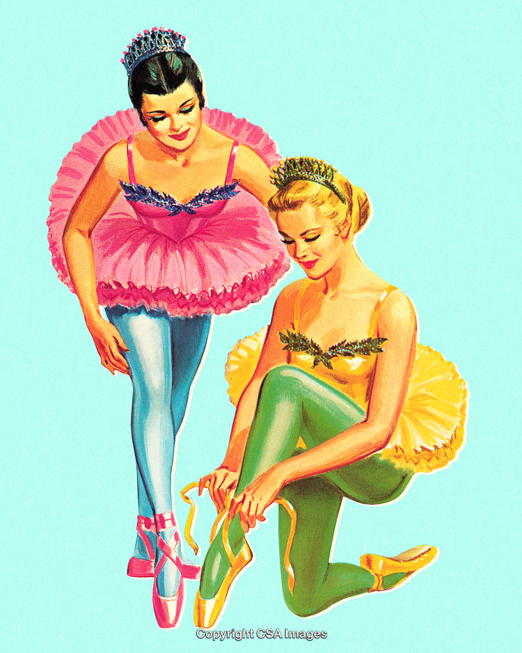 Two Ballet Dancers in Colorful Costumes Preparing for a Performance
