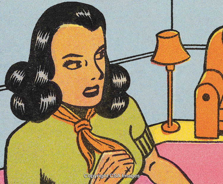Vintage Comic Style Illustration of a Woman in Retro Room Decor