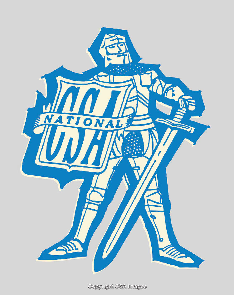Vintage Style Knight Illustration in Blue with Sword and Shield Design