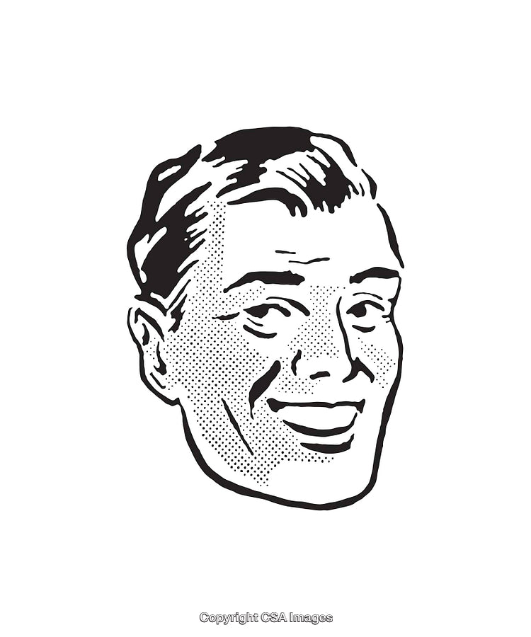 Black and White Retro Illustration of a Smiling Man's Face