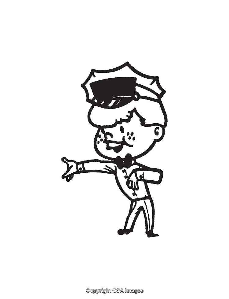 Whimsical Black and White Cartoon Policeman Line Art Illustration