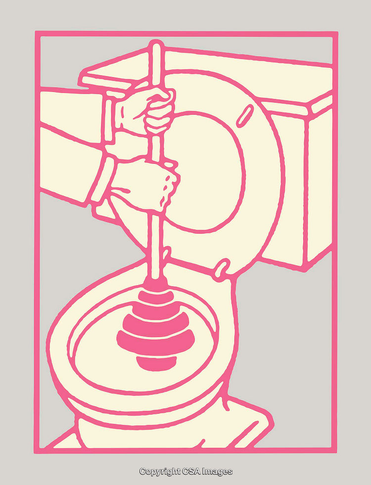 Illustration of Hands Using a Toilet Plunger in a Minimalist Style