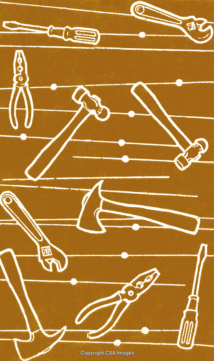 Hand-Drawn Illustration of Diverse Tools Arranged on a Textured Background