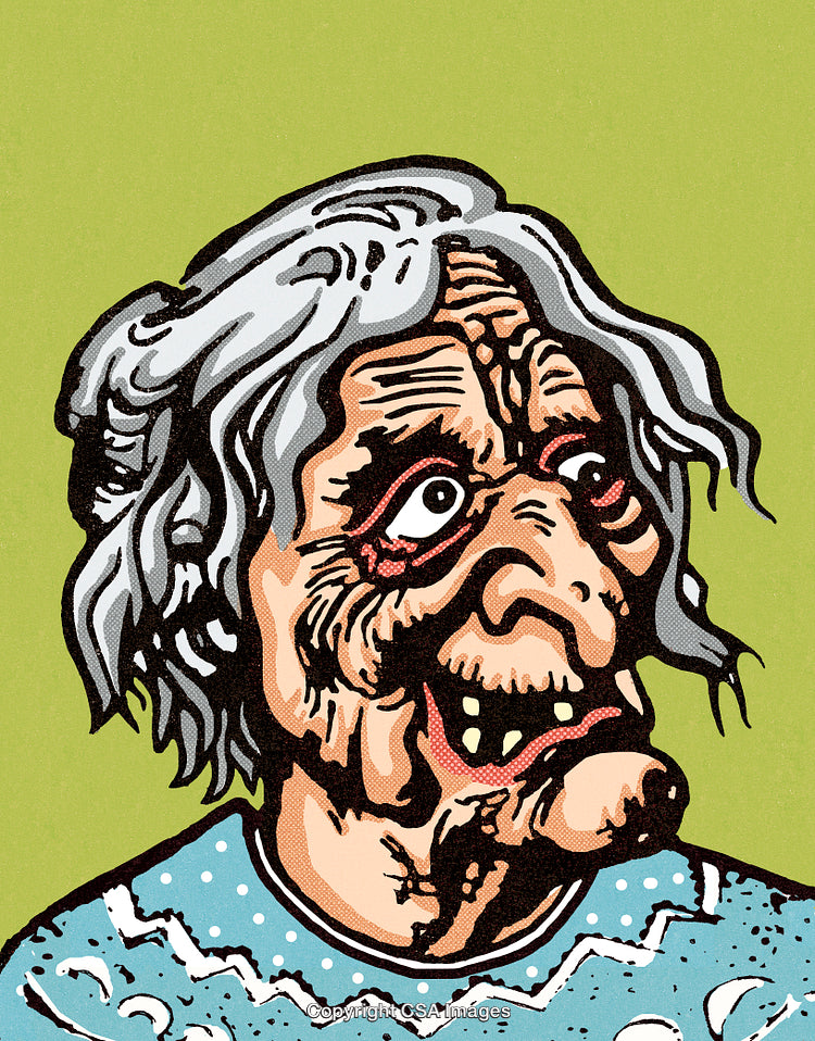 Cartoon Illustration of a Quirky Elderly Character on a Bright Background