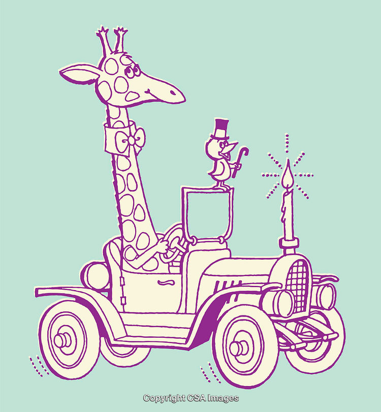 Whimsical Giraffe Driving Car Accompanied by Stylish Bird Illustration
