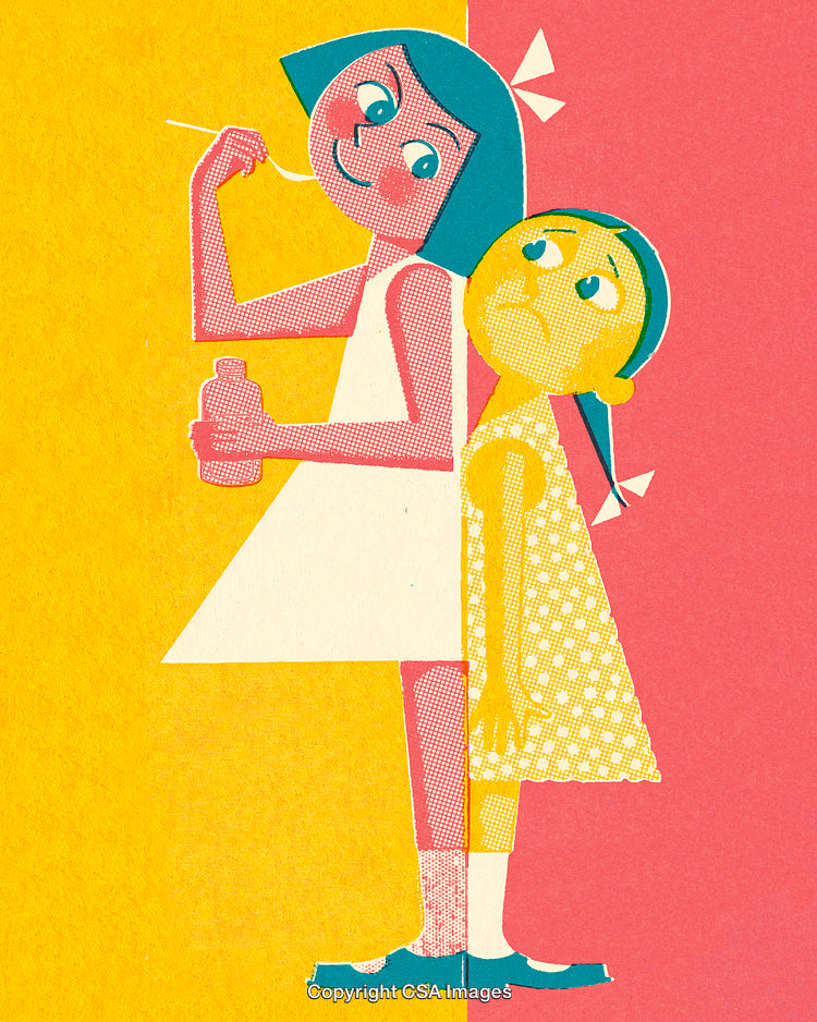 Colorful Illustration of Two Stylized Girls in Retro Graphic Style
