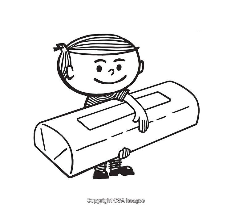 Playful Black-and-White Line Art Illustration of Happy Boy with Object